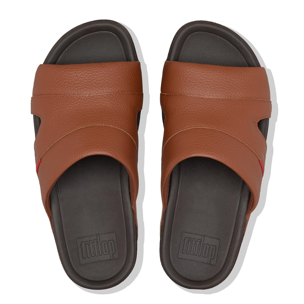 Fitflop Mens Slides Brown/Black - Freeway Leather Pool - 84FIWMJEU